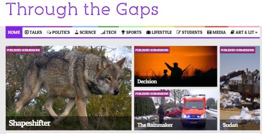 Current headline at Through the Gaps showing illustrations for "Shapeshifter", "Decision", and "Sudan"