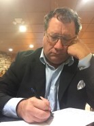 Working on a play in Hasting's Hardback Café, late evening, October 16, 2015.