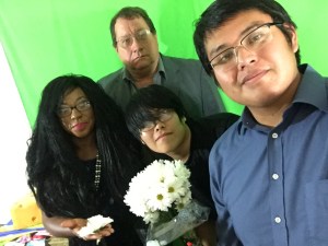 Francene Kilgore (l) and I on the set with Alrenzo Black (r) and 2tk (center) of Darksomnia Productions, August 6, 2016