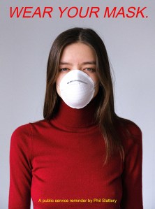 Photo of woman in red turtleneck with face mask